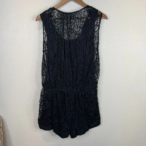Thakoon Romper Women's 4 Black Lined 100% Cotton Surplice Neck Plunge Crochet - Picture 10 of 13